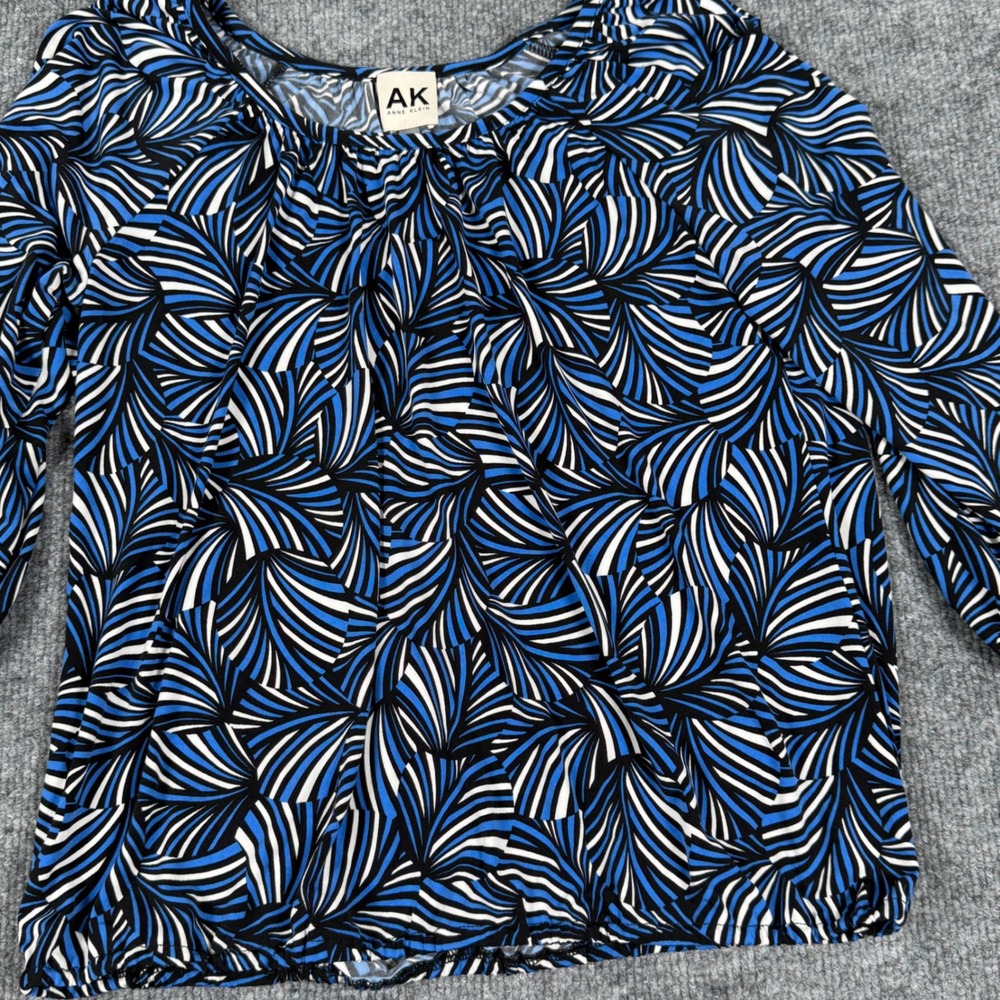Anne Klein Petite XS Blouse Leaf Abstract Print Art 3/4 Sleeve Scoop Neck Office
